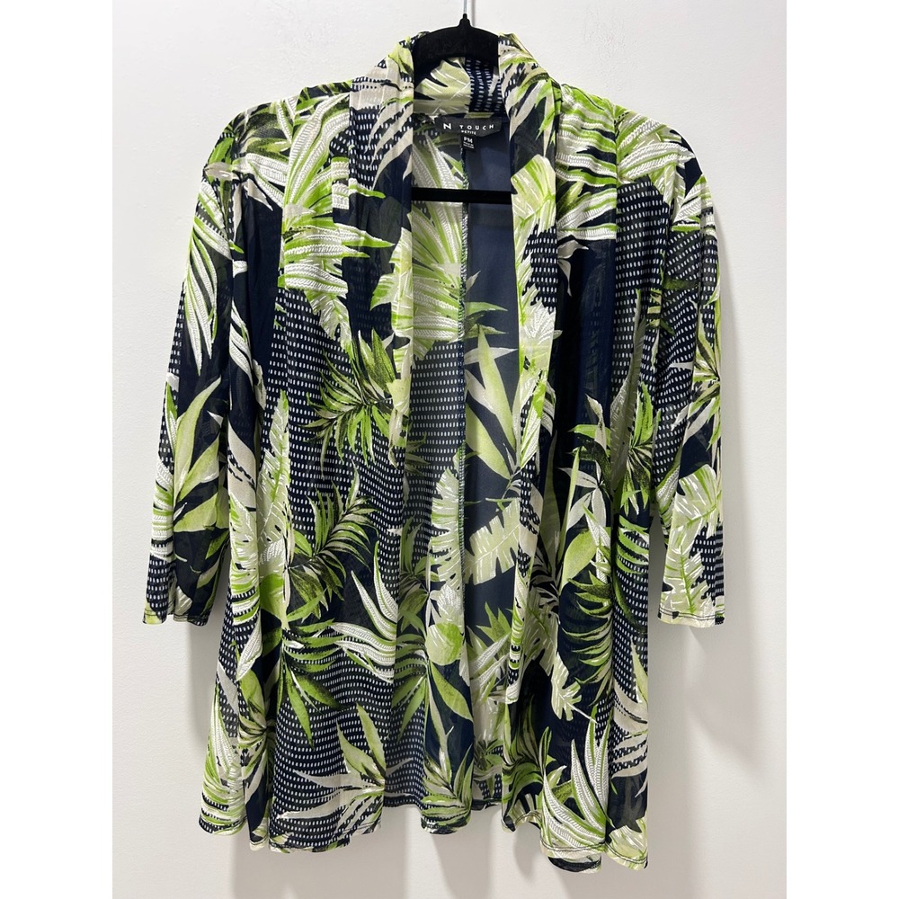 N Touch Petite Palm Leaf Tropical Mesh Open Front Cardigan PM Green Navy 8451P